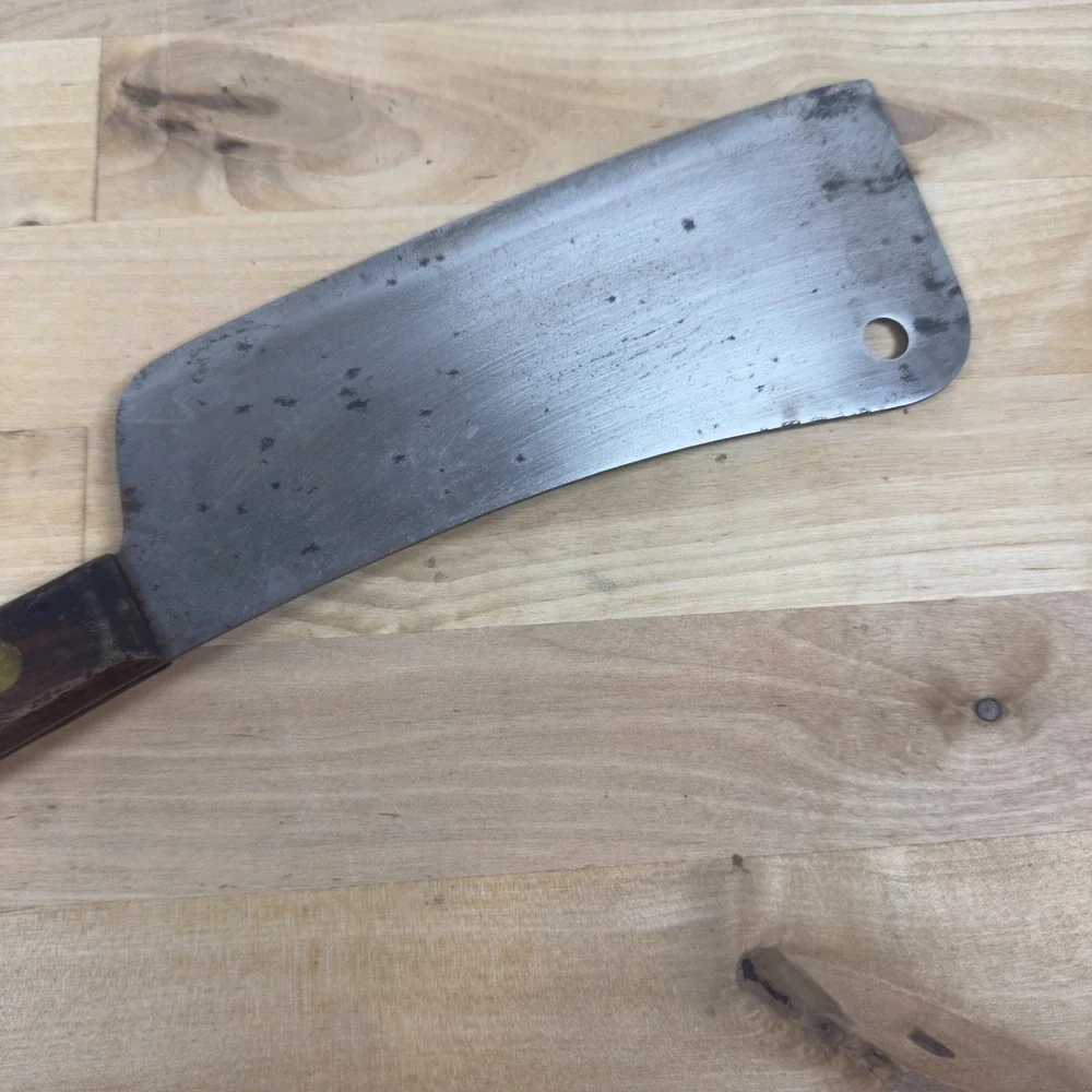 Vintage Robinson Carbon Steel Cleaver 7 inch Meat Butcher Knife Wood Handle USA